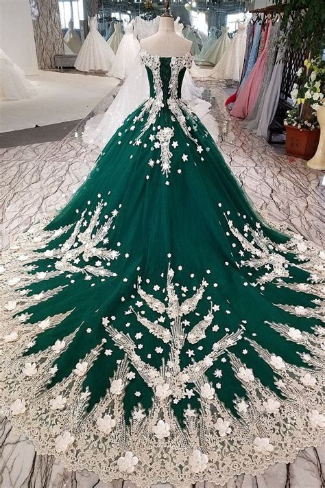 green sleeveless off shoulder long trailling embroidery wedding dress — ostty green wedding