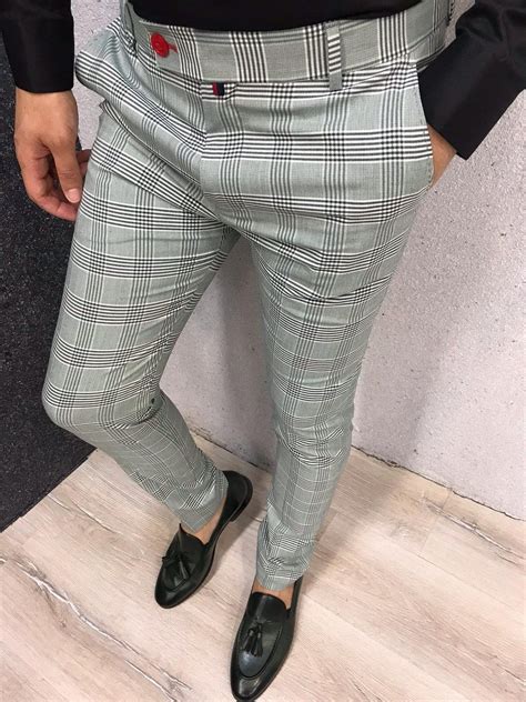 Kingston Gray Plaid Slim Pants Brabion Grey Plaid Pants Outfit Mens