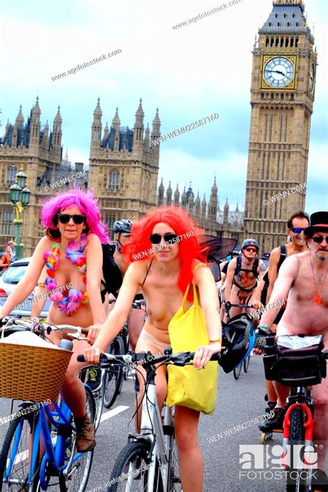 World Naked Bike Ride In London Crossing The Westminster Bridge Featuring Atmosphere Where