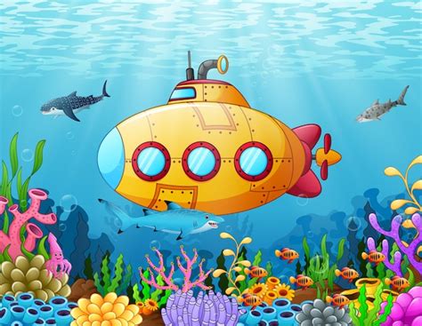 Submarino De Dibujos Animados Bajo El Agua Vector Premium