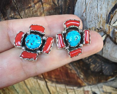 Simple Coral Turquoise Earrings For Women Navajo Native Etsy