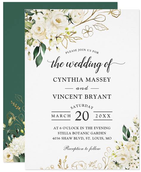 Greenery White Rose Floral Gold Leaves Wedding Invitation Zazzle