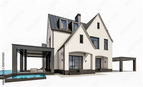 3d Rendering Of Cute Cozy White And Black Modern Tudor Style House With