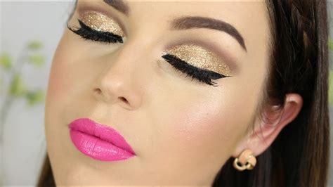 Gold Glitter Cut Crease And Bright Pink Lips Tutorial Youtube