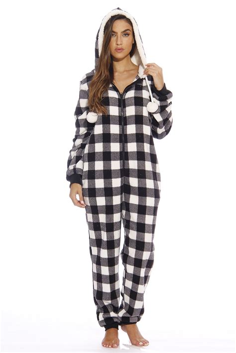 Just Love Buffalo Plaid Adult Onesie Sherpa Lined Hoody One Piece