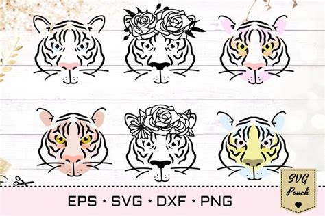 Tiger Svg Silhouette Outline With Flower Decorated Crown