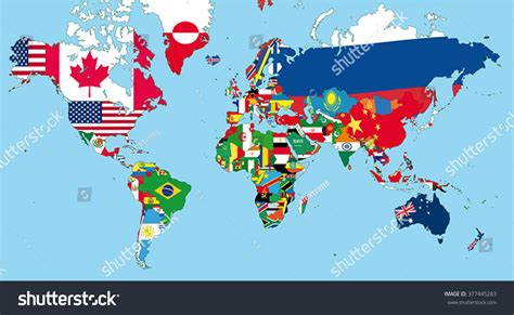 The World Map With All States And Their Flags Stock Vector