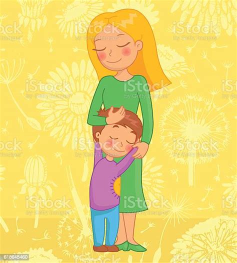 Beautiful Mother And Son Hugging Funny Bright Cartoon Character Stock