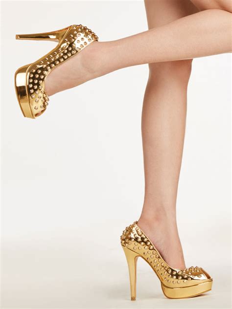 Sexy High Heels Gold Platform Peep Toe Rivets Stiletto Heel Pumps Spike