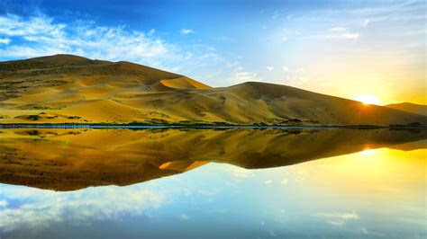Desert Reflection On River During Sunrise Under Blue Sky 4k Hd Nature Wallpapers Hd Wallpapers