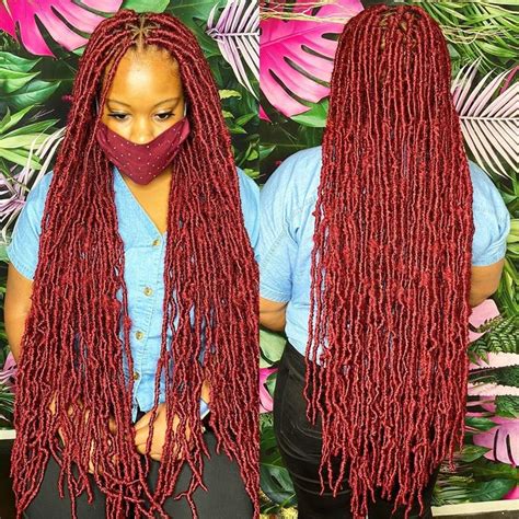 Once you get your desired look, give the hairstyle a personal touch with an ankara headscarf. BAHALOCS on Instagram: "Small triangle part red soft locs ...