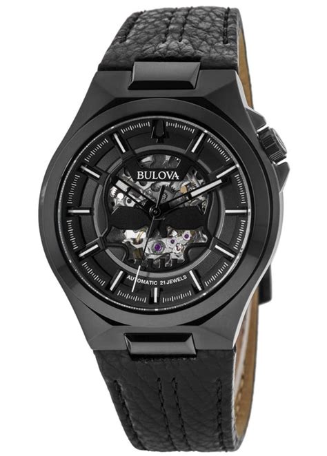 Bulova Maquina Automatic Black Skeleton Dial Black Leather Strap Men S Watch A