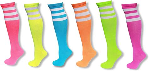 6 Pack Of Neon Colored Knee High Tube Socks Wwhite Stripes At Amazon