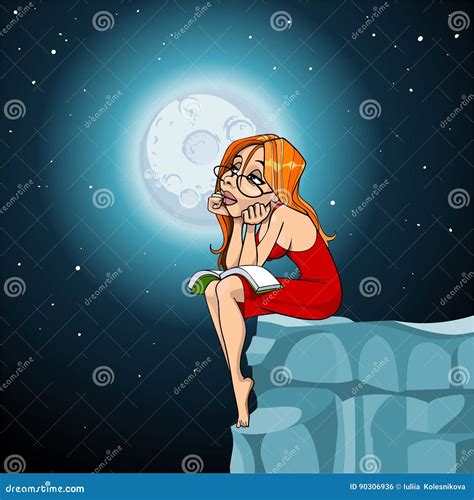 Cartoon Woman Sitting Dreamily Moonlit Night With A Book Stock Vector