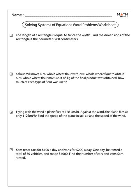 Systems of Equations Word Problems Worksheets Math Monks