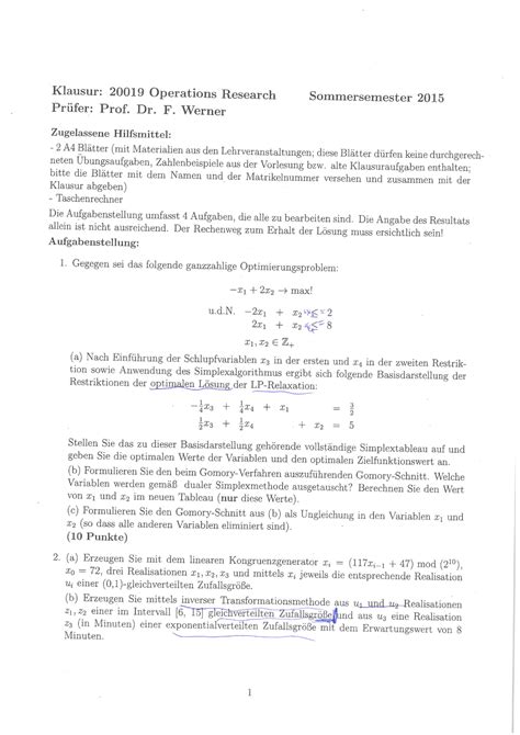 Klausur Summer Fragen Operations Research Studocu