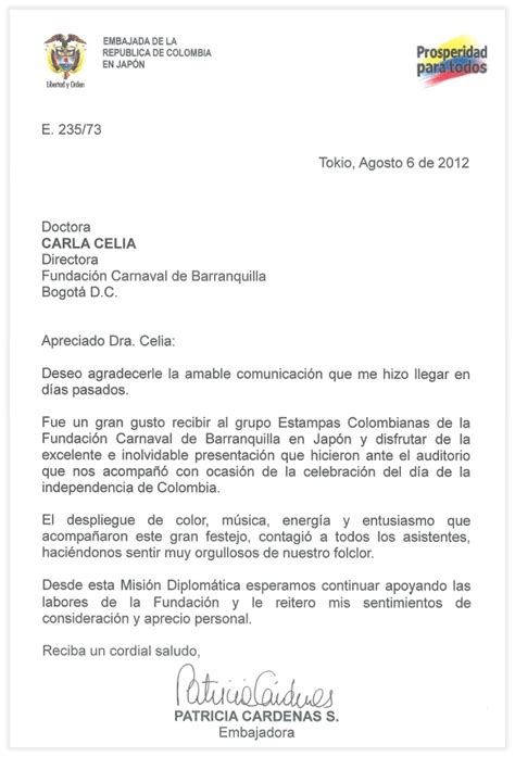 Carta De Agradecimiento De La Embajadora De Colombia En Japón Patricia