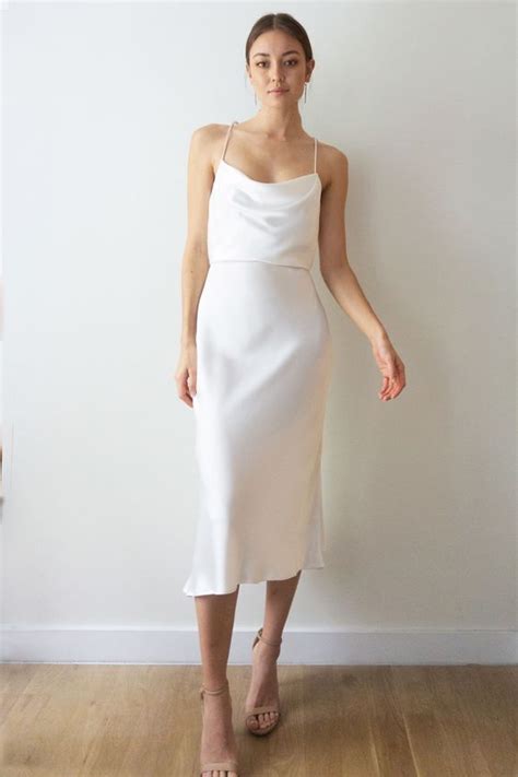 Simple Cowl Neck White Silk Satin Midi Bridesmaid Dresstea Length