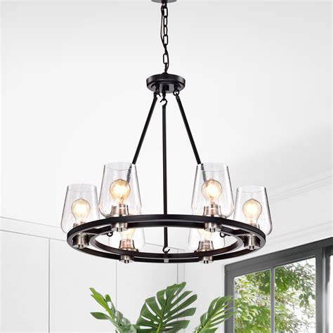 6 Light Black And Brushed Nickel Circular Chandelier With Seeded Glass