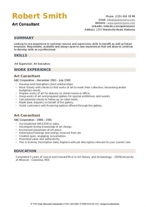 Draft business process, marketing research, optimize business process. Art Consultant Resume Samples | QwikResume