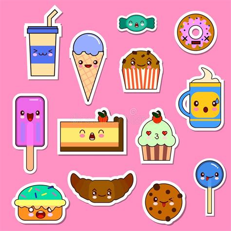 Set Of Kawaii Food Characters Sweets And Candies Emoticon Stickers
