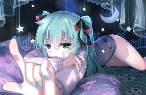 Aquaeyes Aquahair Baiyemeng Dress Hatsunemiku Moon Night Ribbons Stars Twintails Vocaloid