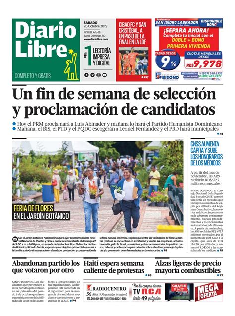 Portada Periódico Diario Libre Sábado 26 De Octubre 2019 Dominicanado