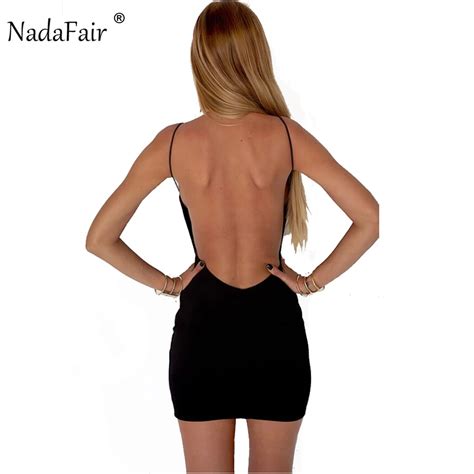 Nadafair 95 Cotton Spaghetti Strap Black Sexy Club Backless Bodycon