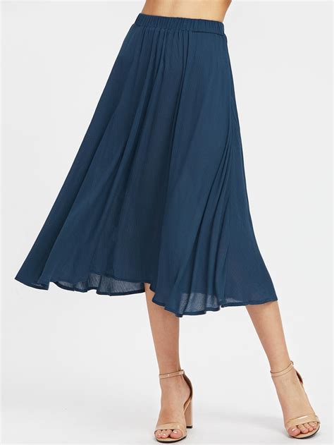 Women Casual Plain Oversized Mid Waist Navy Longfull Length Elastic Waist Crinkle Flowy Skirt