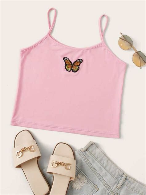 Butterfly Embroidery Crop Cami Top Romwe In 2020 Cami Crop Top