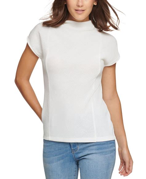 Dkny Synthetic Sleeveless Ribbed Mock Neck Top In Ivory White Lyst