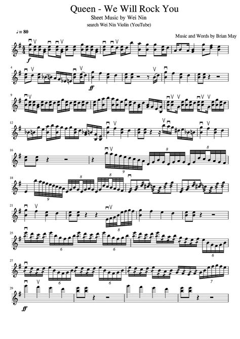 Our recommendations come with links to purchase sheet music or an audition cut found on performerstuff.com. Wei Nin Violin Studio (韋寧小提琴工作室): Queen - We Will Rock You(Violin Cover) - Sheet music for free