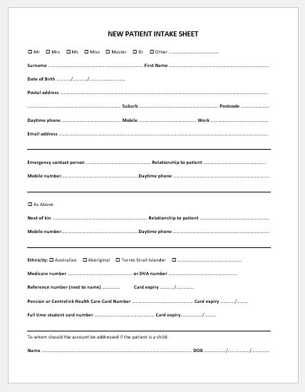 Printable Medical Intake Form Template Printable Forms Free Online