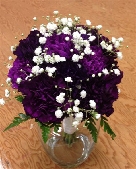 Bouquet Purple Carnations Babies Breath White Ribbon Simple