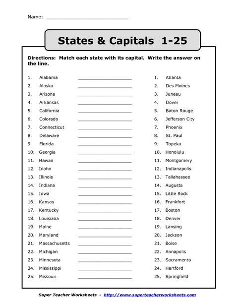 Us States And Capitals Printable Worksheets