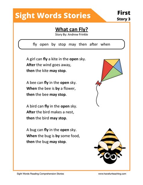 What Can Fly First Sight Words Reading Comprehension Worksheet By
