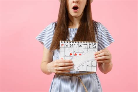 Shocked Sad Woman In Blue Dress Hat Holding Sanitary Napkin Female