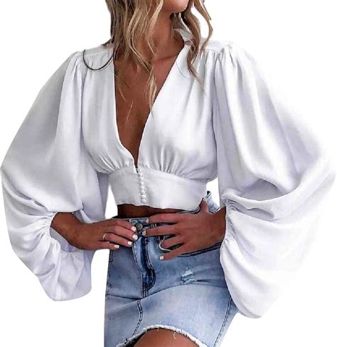 Grmo Women Solid Color Deep V Neck Puff Long Sleeve Sexy Crop Tops Shirt Blouse Top White M