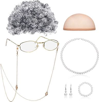 Amazon Com Old Lady Cosplay Set Granny Wig Cap Glasses Chain Cords Faux Pearl Bead Necklace