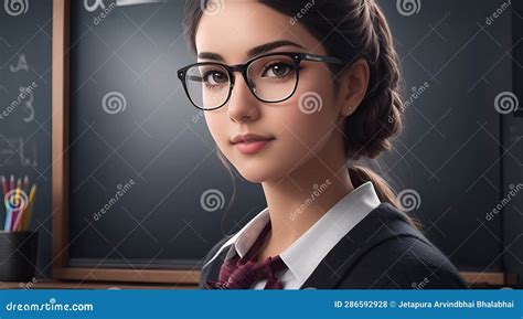 Portrait Of A Beautiful Teacher In Glasses In School Classroom With Black Board World Teachers