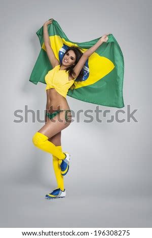 Sexy Beautiful Woman Holding Brazil Flag Stock Photo