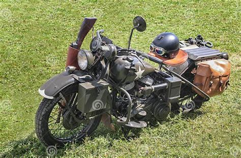 Vintage Army Motorcycle In Meadow Stock Image Image Of Custom Head