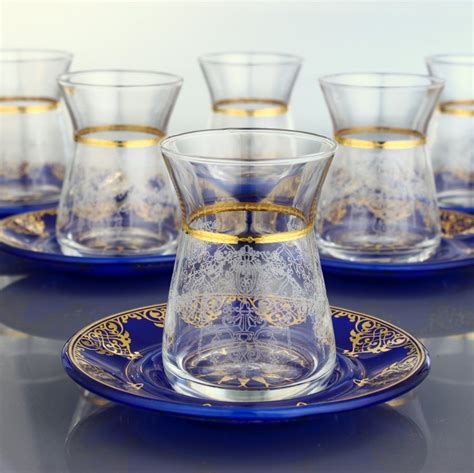 Turkish Tea Set With Blue Color Saucers 12pcs FairTurk Com