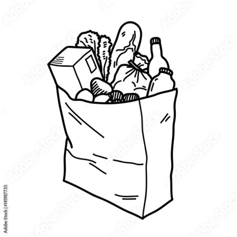 Grocery Paper Bag With Fresh Food Inside Hand Drawn Vector