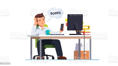 Business Employee Bored At Work Using Phone Sitting At Office Lazy