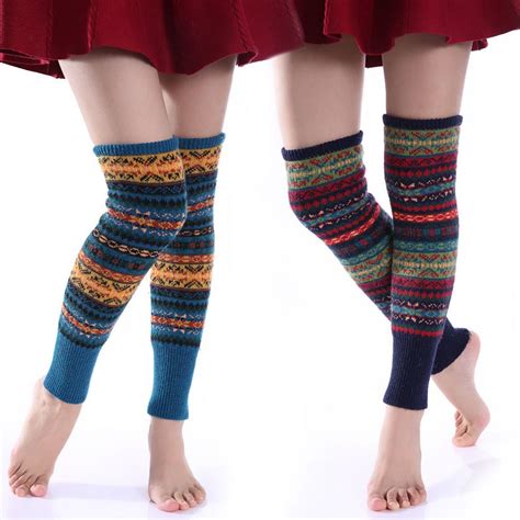 vintage floral prints women knitted leggings over knee long leg warmers knee high winter women s