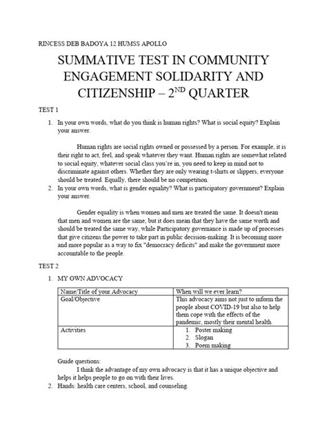Summative Test In Community Engagement Solidarity And Citizenship Pdf