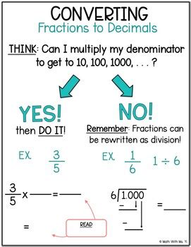 As a fraction with a common denominator, multiply by. Converting Fractions to Decimals Anchor Chart by Math With ...