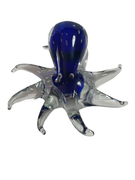 Blown Glass Octopus Paperweight Figurine Cobalt Blue And Clear Etsy