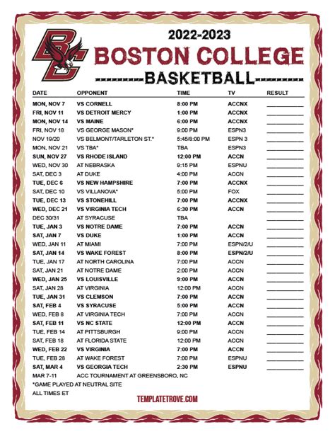 Printable Boston College Eagles Basketball Schedule